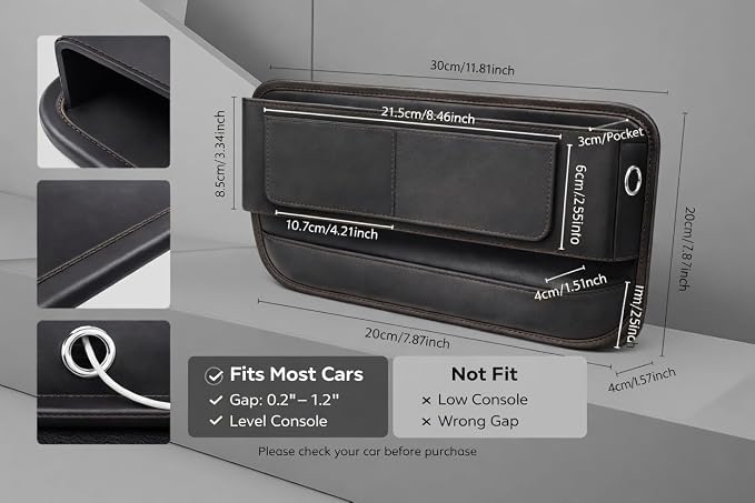 Car Seat Gap Organizer - Premium PU Leather Gap Filler with Storage Pockets, Universal Fit for Car, Truck, SUV - Prevents Phone, Keys from Falling Between Seats, Black - Image 3