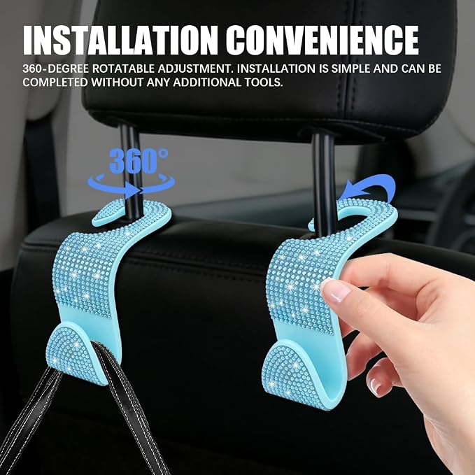 4PCS Bling Car Seat Headrest Hooks, Purse Holder for Car, Vehicle Back Seat Purse Handbag Hanging Holder with Crystal Rhinestone, Diamond Car Rear Seat Organizer for Vehicles (Lake Blue) - Image 4
