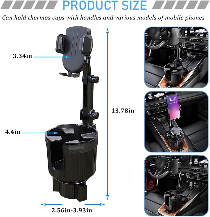 Car Cup Holder Phone Mount, 2 in 1 360° Rotation Long Arm Vehicle Cup Cell Phone Holder Expander with Adjustable Base, Automotive Drink Bottles Smartphones Stand, Universal Fit (Black) - Image 2