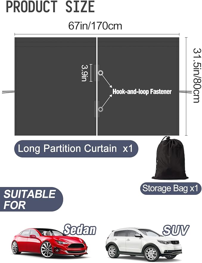 PAMASE Car Divider Curtain, Wide Blackout for Sedans, SUVs & Vans | Wide Sedan SUV Accessories, for Kids, Baby, Travel, Camping, Nap, Sleeping - Image 5