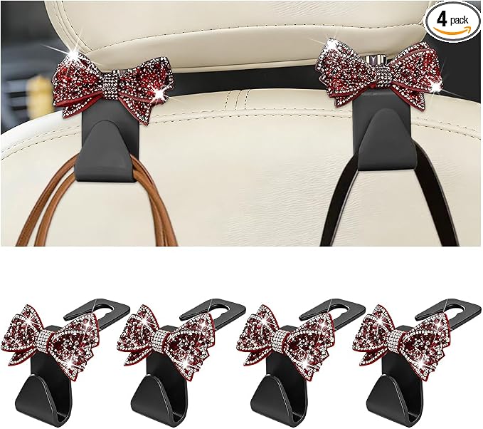 Zpana Bling Car Headreat Hook, 2PCS Crystal Rhinestone Cute Bow Vehicle Seat Back Hanger Storage for Purses Bags Grocery, Diamond Auto Rear Seat Organizer, Universal for SUV Truck Sedan (Red) by Zpana