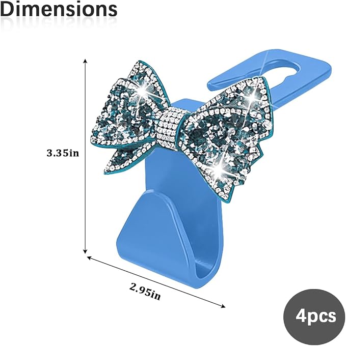 Zpana 4PCS Car Headrest Hook Rhinestone Bow Bag Hanger Light Blue | PVC construction, rhinestone bow design, compact rear seat storage, fits most cars, SUVs, and trucks, automotive accessories - Image 2