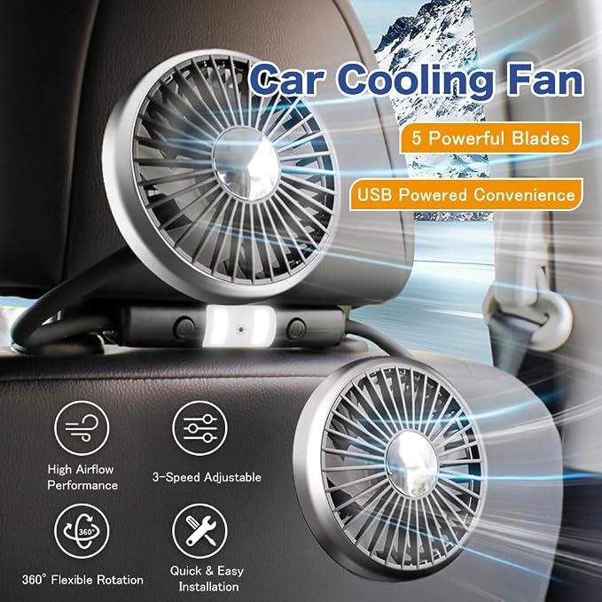 Car Fan for Backseat Kids, Dual Back Seat Fans for Kids Independently Controlled Heads,CollocationLED light,3-Speed adjust And 360°Rotatablehose, Portable USB car cooling fan For Vehicle,SUV,RV - Image 3