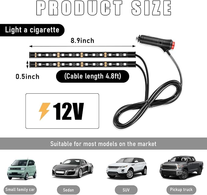Wevdn Car Interior LED Strip Light, 12V 24 LED Neon Ambient Night Light with Cigarette Lighter Plug, Automotive Atmosphere Decorative Under Dash Lighting Kit, Car Accessories (Red) - Image 2