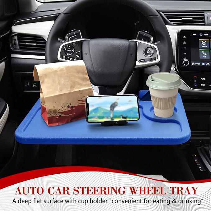 2 in 1 Car Steering Wheel Desk, Car Tray, Car Steering Wheel Desk Tray & Auto Seat Gap Filler Organizer, Multipurpose Travel Auto Steering Wheel Under Table Console for Most Vehicles (Blue) - Image 3