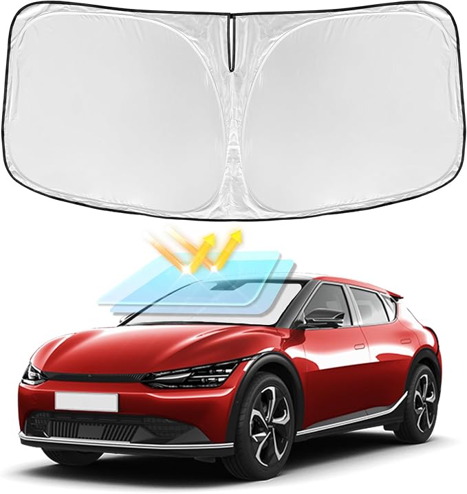 for Kia EV6 2022-2025 2026 Windshield Sun Shade - 4 Layers Car Sunshade | Front Windows Shade Cover Custom Fit EV6 Sun Visor 250T Retractable Shade Blocks UV Rays Car Accessories by ZOIBVCARSUNSHADE