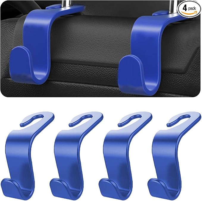 8sanlione 4 Pack Backseat Headrest Hooks for Vehicle Seats, Blue | PP plastic construction, rotating clip design, folds behind the seat, fits matching headrest posts, interior accessory by 8sanlione