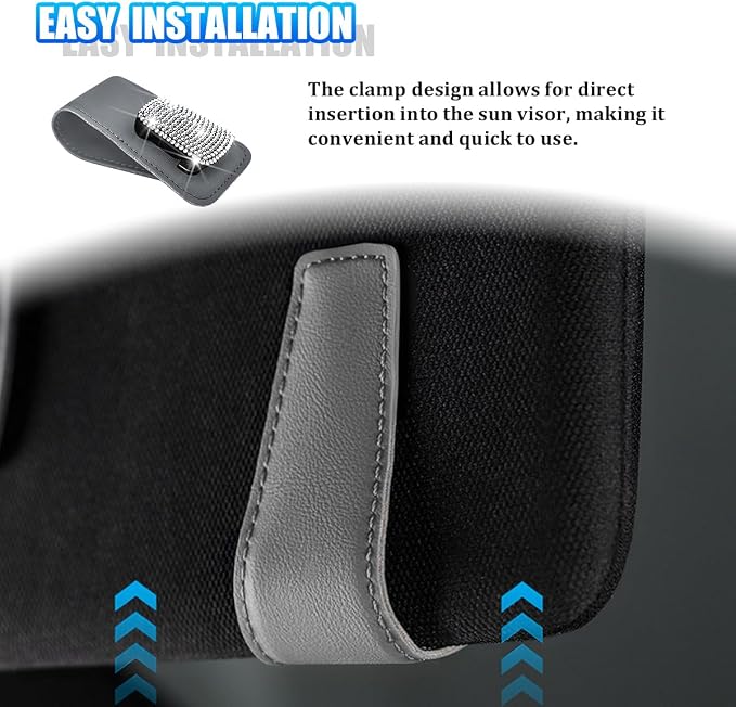 Bling Car Sun Visor Sunglasses Holder, Crystal Rhinestone Leather Visor Eyeglasses Ticket Card Mounter Clip, Shiny Diamond Auto Glasses Hanger Holder, Universal Fit (Gray/White) - Image 5