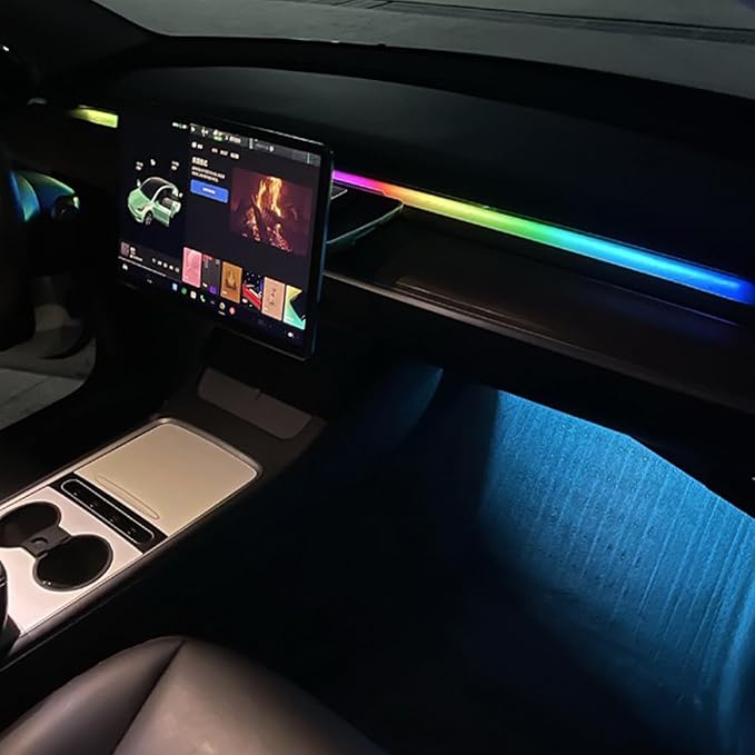 LED Car Ambient Lighting Strip for Tesla High Brightness with APP Control Multiple Colors and Car LED Strip Lighting Neon Lights for Model 3/Y (Dashboard& 4 Floor Lights) by RYE