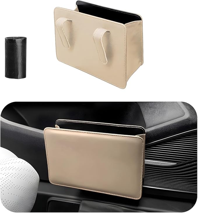 Yourkar Car Trash Can, Foldable Waterproof Leather Car Garbage Organizer Holder, Automotive Mini Dustbin Container with One Roll Trash Bag, Universal Interior Car Accessories (Beige) by Unknown