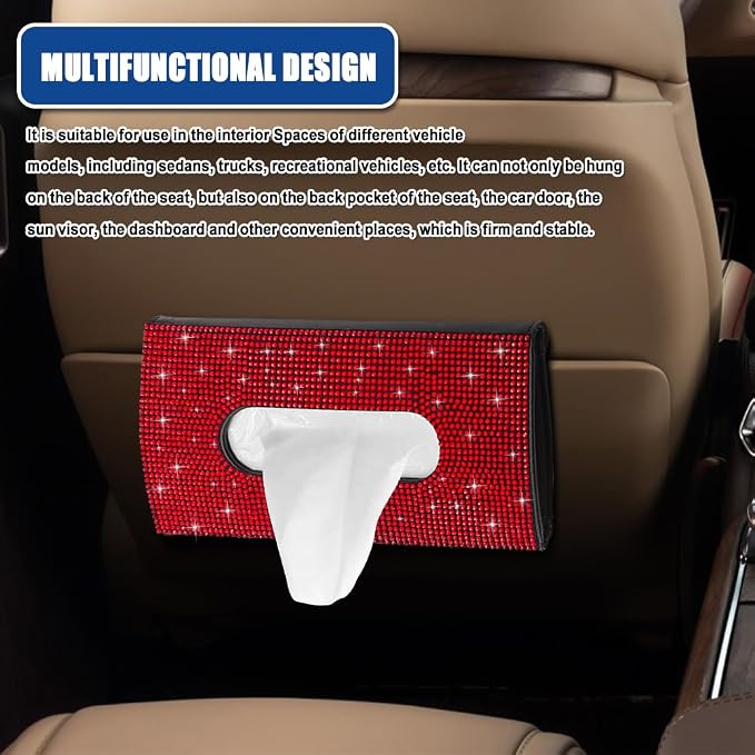 Bling Car Sun Visor Tissue Box Holder, Visor Accessories, Rhinestone PU Leather Crystal Sparkling Napkin Holder, Auto Sun Visor Paper Towel Cover Case Accessories for Most Cars (Red) - Image 6