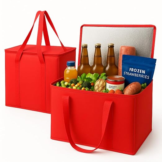 musbus 2Pk Insulated Reusable Grocery Bags, Collapsible Cooler Bag for Groceries, Heavy Duty Large Insulated Bag (Large, Bright Red) by Musbus