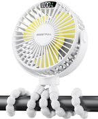 SWEETFULL Portable Stroller Fan with LED Display, 4 Speed Rechargeable Mini Clip On Fan, 360° Rotate Flexible Tripod Better Cooling Small Baby Fan for Car Seat Crib Travel Bike Treadmill (White) by SWEETFULL