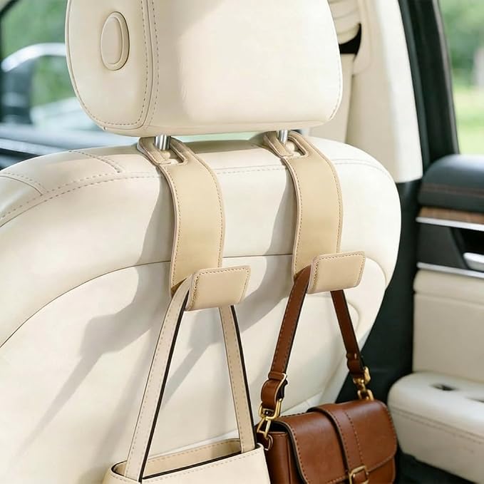2-Pack Car Headrest Hooks, 1.1-Inch Wide Purse Hangers, Beige | Microfiber leather hooks with built-in metal cores keep purses, groceries and backpacks organized and within reach by Unknown