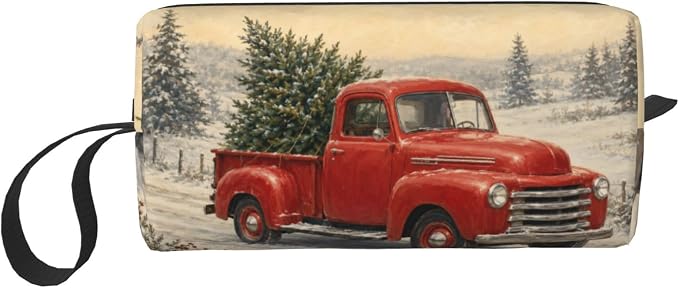 Vintage Red Truck in Snow Makeup Bag for Women, Cosmetic Pouch | Double-Sided Vintage Red Truck Cosmetic Organizer with Foam Padding for Women, Travel, Gym, School, and Daily Storage by OLUSENMO