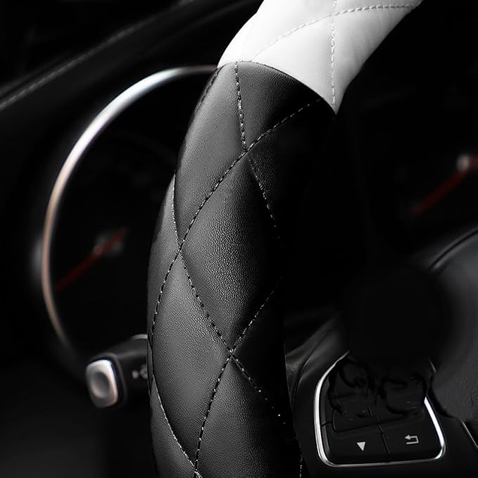 YHONGJT Cute Soft Microfiber Leather Anti-Slip Steering Wheel Cover, Universal 15 Inch for Women Girls, Fit Vehicles, Sedans, SUVs, Vans, Trucks - Black and White - Image 4