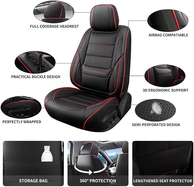 Car Seat Covers Full Set Custom Fit For Toyota Tacoma 2001-2026, Black&Red | Lumbar Support, Premium Faux Leather, Breathable, Anti-Slip, Airbag Compatible, Waterproof, Car Seat Protectors, 2 Row-5Seat - Image 3