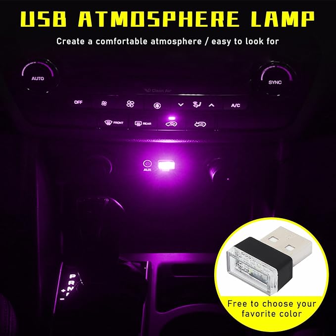 Augeny 4 PCS USB LED Car Interior Atmosphere Lamp, Plug-in USB Decor Night Light, Portable Auto Ambient Lighting Kit, Universal Vehicle Interior Accessories for Most Cars (2 Red+2 Purple) - Image 4