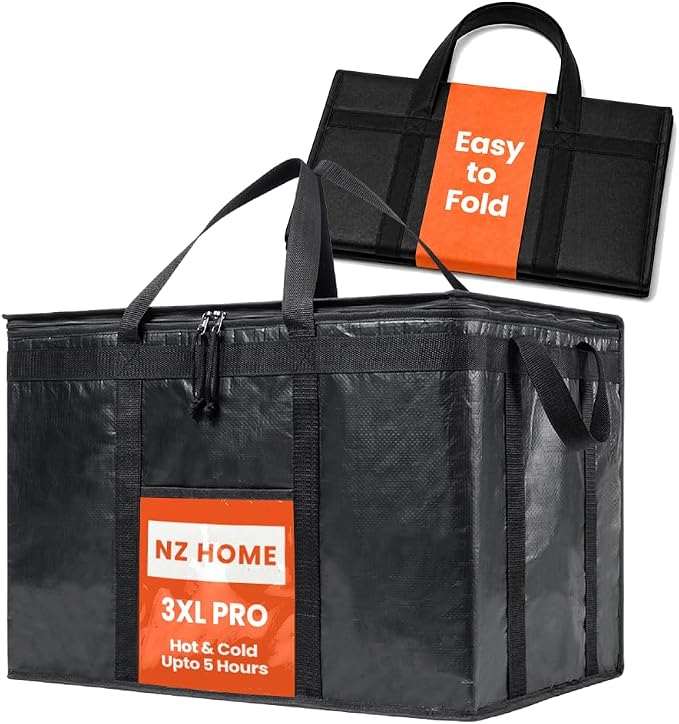 NZ home PRO Large Insulated Food Delivery Bag (3XL, Black, 1 Pack) | Thermal bag, For cold & hot food, Water-resistant, Portable cooler, Soft sided catering tote, Grocery bag with zippered top by NZhome