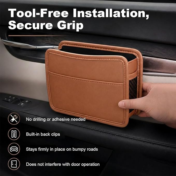 Car Seat Side Pocket Organizer, Leather Sewn Multifunctional Automotive Trash Bag, Small Vehicle Door Pouch for Cell Phone, Key, Wallet, Sunglasses (Brown) - Image 4