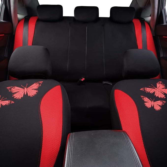 Flying Banner Butterfly car seat Covers ful Set Fashion Universal Lady Woman Female Rear Bench Split Colorized (Full Set, Red) - Image 7