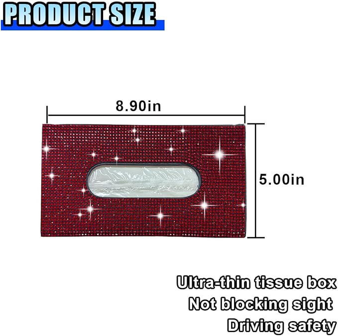 Bling Car Sun Visor Tissue Box Holder, PU Leather Auto Paper Towel Cover, Glitter Crystal Rhinestone Napkin Holder, Car Decoration Accessories for Women (Black/Red) - Image 2