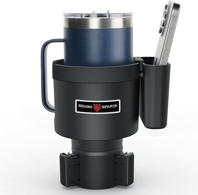 Seven Sparta Cup Holder Expander with Phone Holder & Cable Access, 3-in-1 Car Organizer, Side Storage Box for Phone/Cards, Compatible with Yeti, Owala, Hydro Flasks & Large Bottles Mugs in 3.4"-3.8" by SevenSparta