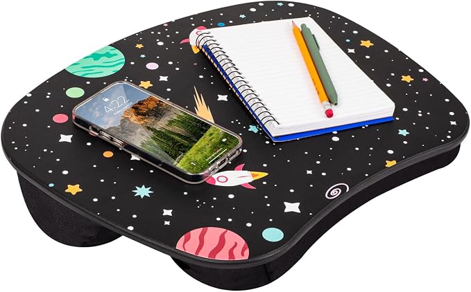 LAPGEAR MyStyle Lap Desk – Space Odyssey, Fits 15.6” Laptops | Dual-Bolster Microbead Cushion, Built-In Carry Handle, Ergonomic Curved Front Edge by LapGear