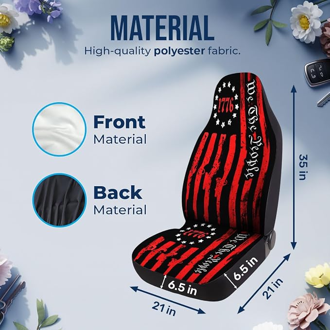 GENANY Vintage Patriotic Flag Car Seat Covers, 2-Piece Front Seat Set | 2-piece polyester front seat cover set, each 35 x 21 x 21 inches, with adjustable straps and hooks - Image 5