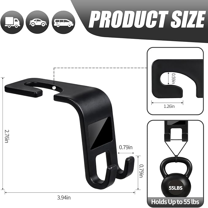 ZSDY Car Seat Headrest Hooks Heavy Duty Vehicle Back Seat Storage Organizer Hanger for Purse Grocery Bags Coat Universal Car Interior Accessories 2 Pack, Black - Image 2