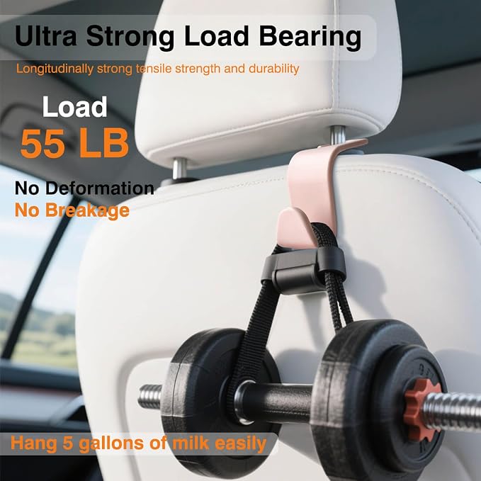 4-Pack Car Seat Hooks - 55 lb Each, Fits 0.32-0.55 in Headrest Rods | Purse holders; PP construction; tool-free setup; 360° swivel; pink; for groceries, backpacks, gym bags, and baby gear - Image 5