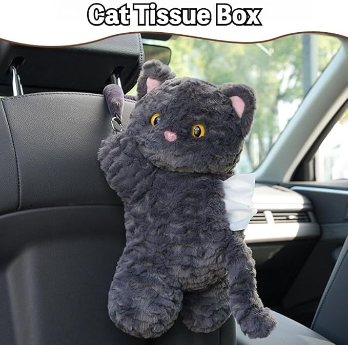 Cute Cat Car Tissue Holder Plush Kitten Paper Box for Backseat Adorable Hanging Organizer & Decor for Women Pet Lovers & Gifts (Black) - Image 2