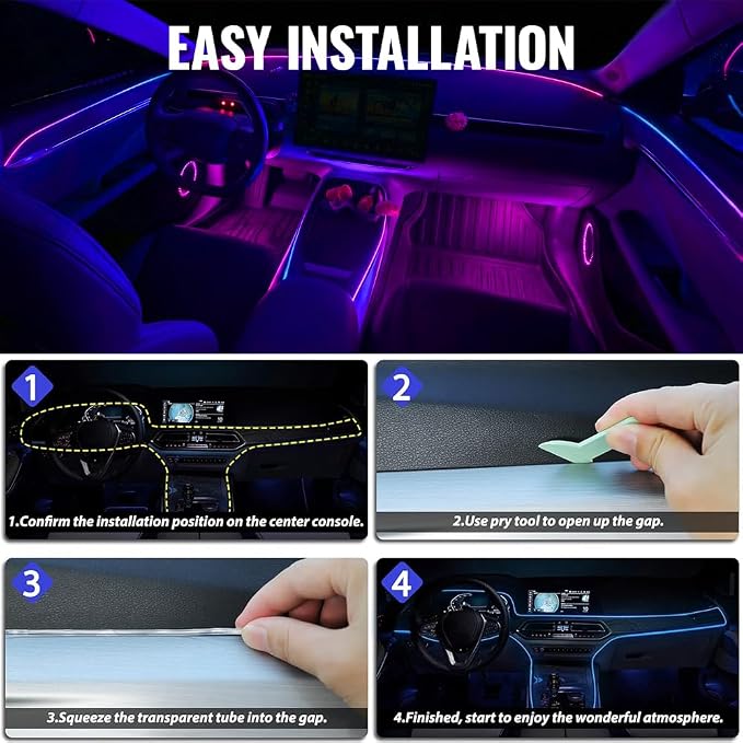 Ambient Lighting Car Led Lights Interior Kit,10 in 1 RGB Music Sync Acrylic Led Lights for Car Interior,175 inches Fiber Optic Neon Accent Strip Night Ambiance Footwell Lighting with Wireless APP - Image 6