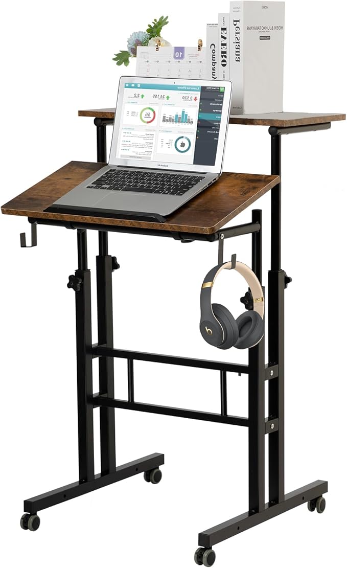 SIDUCAL Mobile Standing Desk, Portable Stand Up Desk, Small Adjustable Converter with Wheels Home Office Workstation, Rolling Laptop Cart for Sitting, Rustic Brown by SIDUCAL