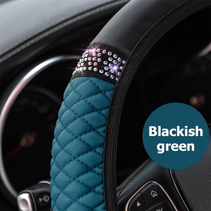Osilly 15 Inch Rhinestone Leather Steering Wheel Cover, Black/Green | breathable non-slip surface, flexible ringless design, hand-stretch setup, fits matching rim sizes, automotive accessories - Image 4
