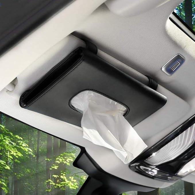 Car Tissue Holder for Sun Visor, PU Leather Napkin Case Box Black | Car accessories keep interior tidy, travel-friendly, installs on car visors fast, quick reload, fits sedans trucks SUVs by SEMBEM