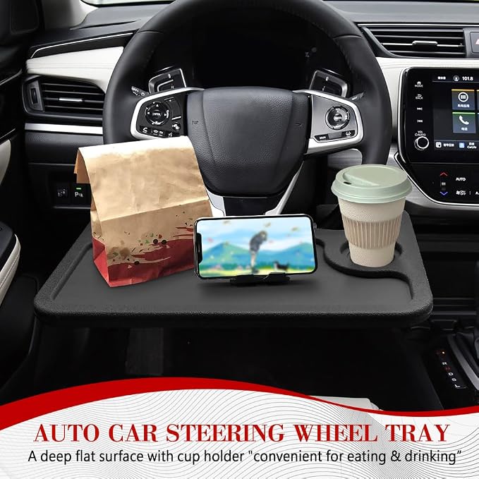 2 in 1 Car Steering Wheel Desk, Car Tray, Car Steering Wheel Desk Tray & Auto Seat Gap Filler Organizer, Multipurpose Travel Auto Steering Wheel Under Table Console for Most Vehicles (Black) - Image 3