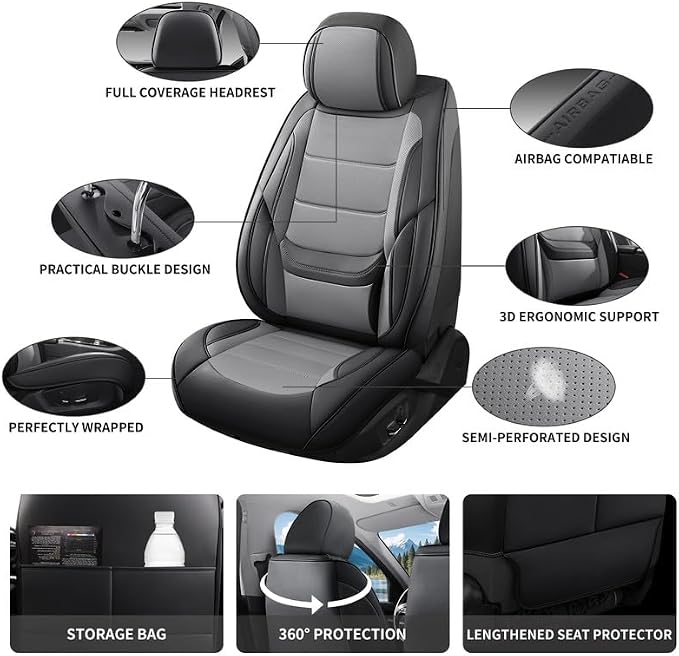 Car Seat Covers Full Set Fit For Toyota Land Cruiser 2000-2026, Black&Gray | Lumbar Support, Premium Faux Leather, Breathable, Anti-Slip, Airbag Compatible, Waterproof, Car Seat Protectors, 2 Row-5Seat - Image 3