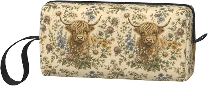 Highland Cow Wildflower Meadow Small Makeup Bag for Women | Double-Sided Highland Cow Floral Cosmetic Organizer with Foam Padding for Women, Travel, Gym, School, and Daily Storage - Image 2