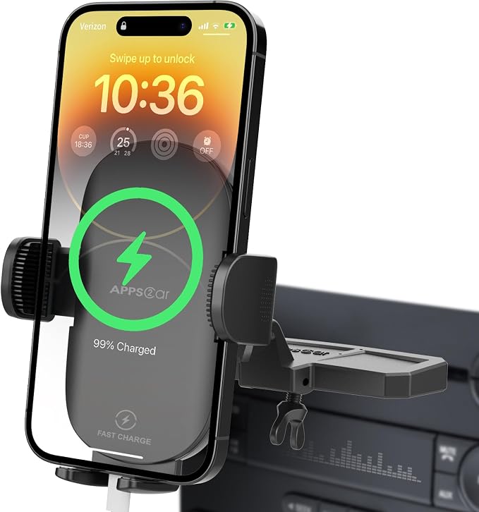 APPS2Car Sturdy CD Slot Phone Mount with Upgraded Wireless Charger | One Hand Operation, Hands-Free Car Phone Holder Compatible with iPhone 17 Pro Max Plus 16 15 14 13 12 11, Samsung S25 S24 S23 by APPS2Car