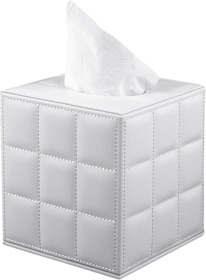 Tissue Box Cover Square,Stylish PU Leather Tissue Box Holder for Dresser Bathroom,Facial Tissue Holder with Magnetic Bottom for Home Office (White) by RHCSZ
