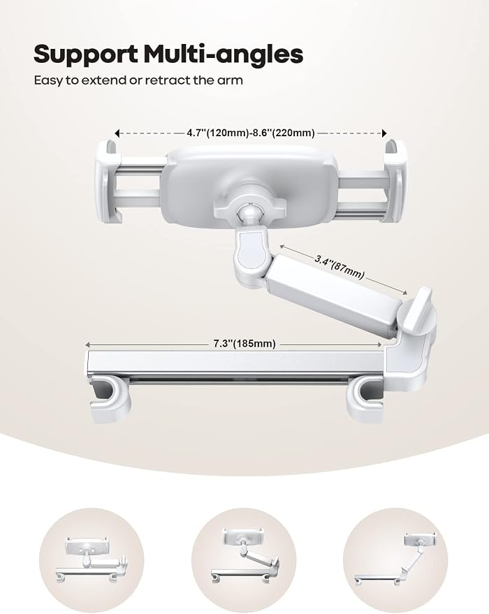 Lamicall Car Headrest Tablet Holder, 3 in 1 Extension Adjustable Arm | Tablet Car Mount for Back Seat, Road Trip Essentials for Kids, for 4.7-11" Devices, iPad Pro Air Mini, Galaxy, Fire HD, White - Image 5