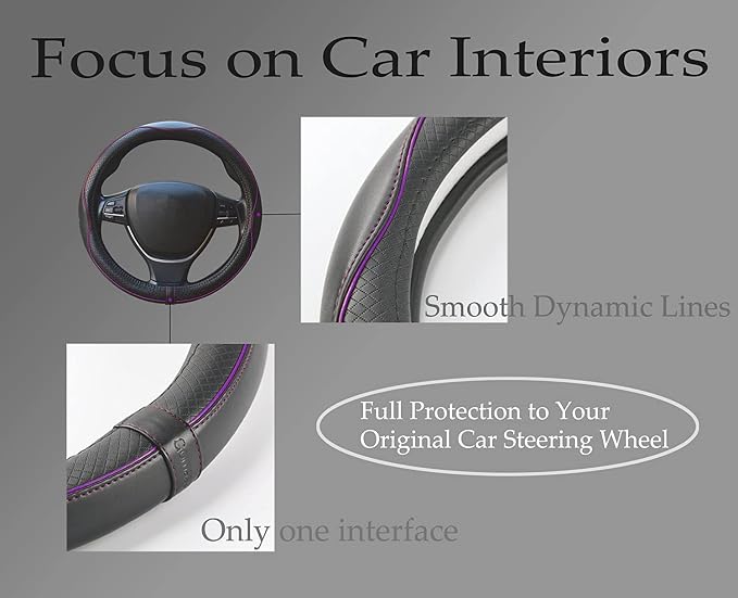Gomass Car Steering Wheel Cover, Anti-Slip, Safety, Soft, Breathable, Heavy Duty, Thick, Full Surround, Sports Style (Black with Purple line) - Image 2