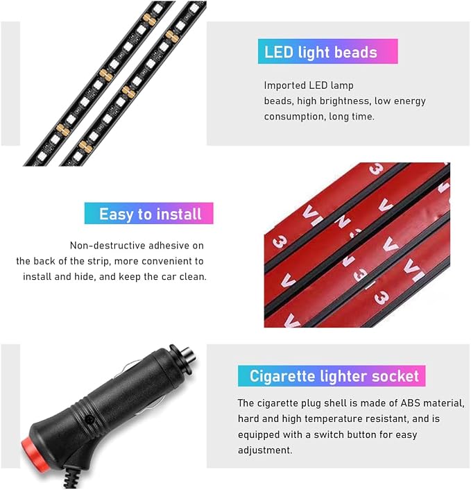 Ohleats Car LED Strip Light, 48 LED RGB Auto Interior Atmosphere Lights, Cigarette Lighter Under Dash Ambient Night Light, Interior Lamp Lighting Kit (Pink Purple, Cigarette Lighter) - Image 3