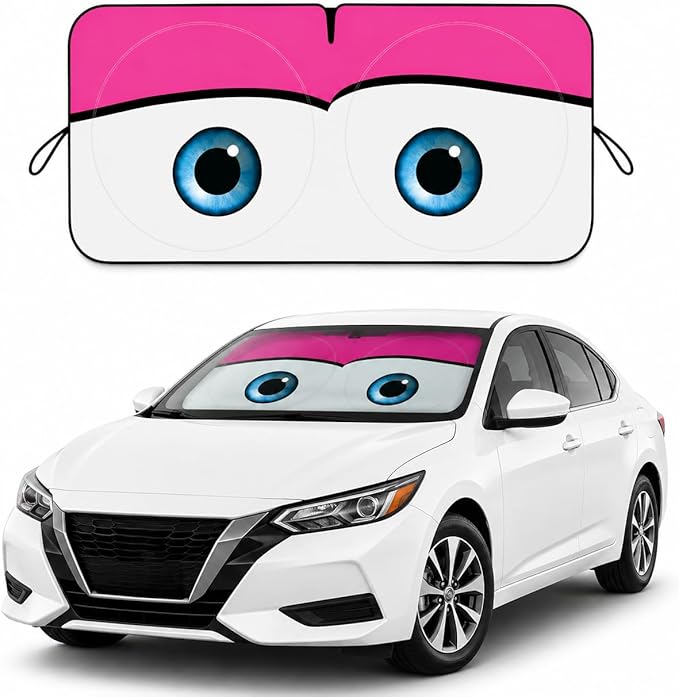 Car Windshield Sun Shade, Universal Fit Compact Sedan SUV, Cute Pink | 57 x 29.5" Car Sun Visor, Foldable Front Window Sunshade, UV Heat Protection, Cute Eyes Series by eygeufg
