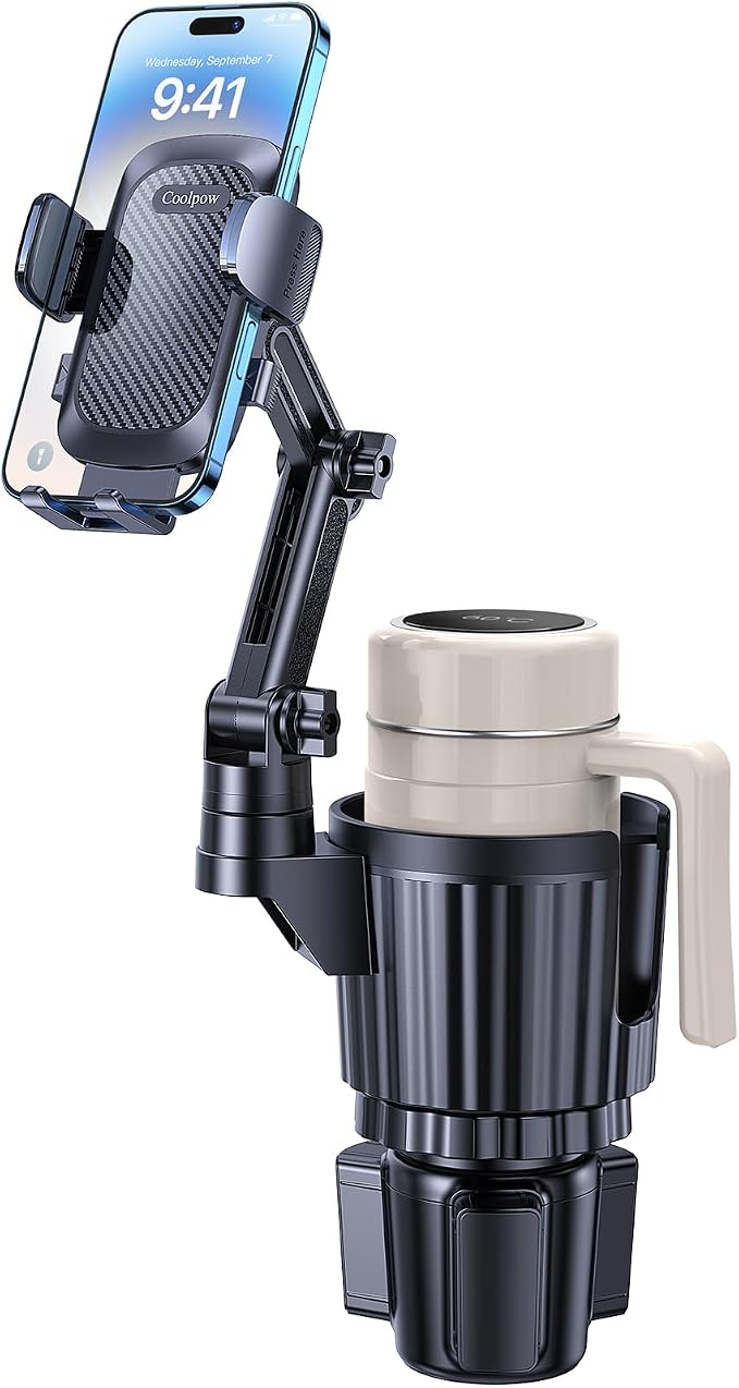 Coolpow Car Phone Holder Mount, 2 in 1 Universal Cup Car Phone Holder | Expander Adjustable Base Long Arm 360°Rotation Cup Phone Holder Car Accessories for iPhone 17 Pro Max 16 15 & All Smartphone by Coolpow