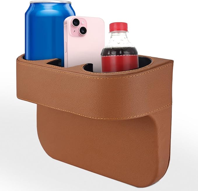 KITUREK Car Cup Holder, PU Leather Cover Auto Front Seat Organizer, Brown | Multifunctional Cup Drink Holder, Gap Filler Coin Bucket Storage Box, Console Side Pocket, Cell Mobile Phone Holder by KITUREK