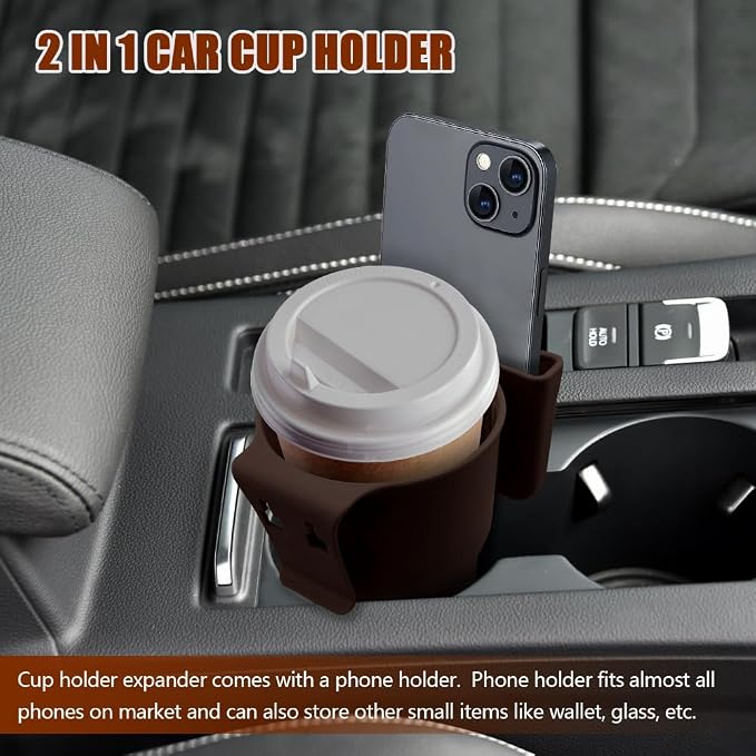 Car Cup Holder Expander, Cup Holder for Car, 2-in-1 Mobile Phone Drink Adapter, Auto Interior Accessories Multifunction Auto Seat Back and Armrest Box Storage Device for Most Vehicles (Brown) - Image 3