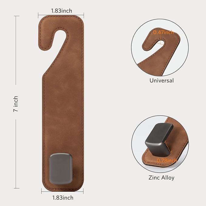 CoBak Headrest Hooks for Car - Universal Premium Stitched Leather and Aluminum-Magnesium Alloy Single Car Seat Back Storage Hook for Purses, Handbags, Bags (2 Pack),Brown - Image 2