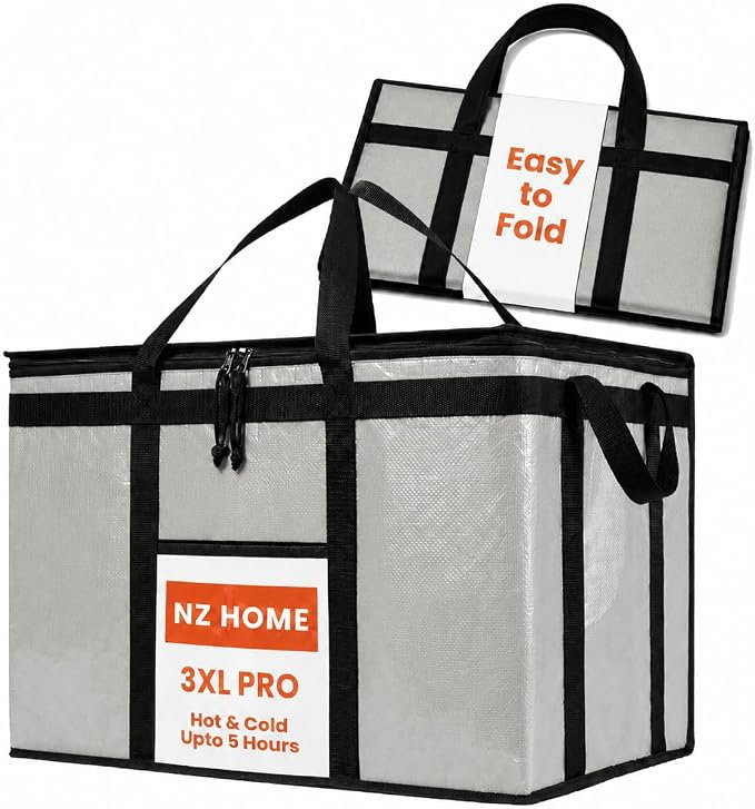 NZ home PRO Large Insulated Food Delivery Bag (3XL, Gray, 1 Pack) | Thermal bag, For cold & hot food, Water-resistant, Portable cooler, Soft sided catering tote, Grocery bag with zippered top by NZhome